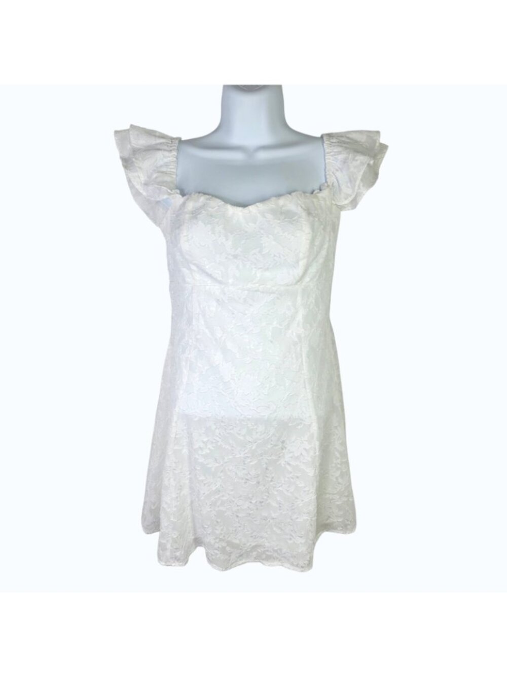 Lace Babydoll Mini Dress XS White Floral Fit Flare Flutter Sleeve Cottage Fairy